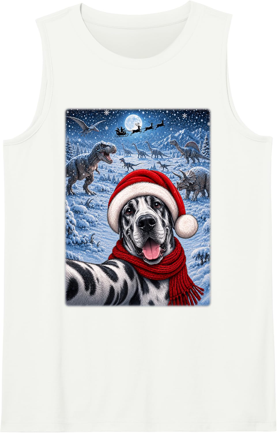 Great Dane Dog Christmas Moon Night Starry Dinosaurs Xmas Tank Top - White