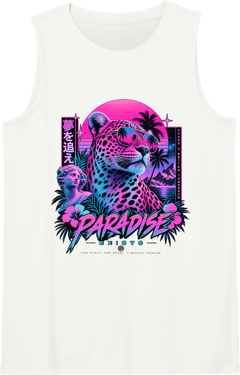 Retro 80s Synthwave Leopard Paradise Exists Sunset Sleeveless Tank Top - White