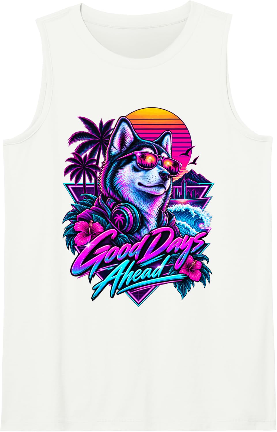 Vaporwave Husky Good Days Ahead Retro Sunset Sleeveless Tank Top - White