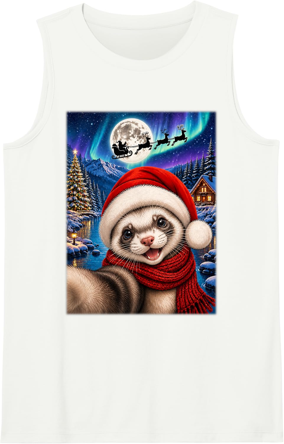 Ferret Christmas Selfie Full Moon Night Santa Sleigh Xmas Tank Top - White