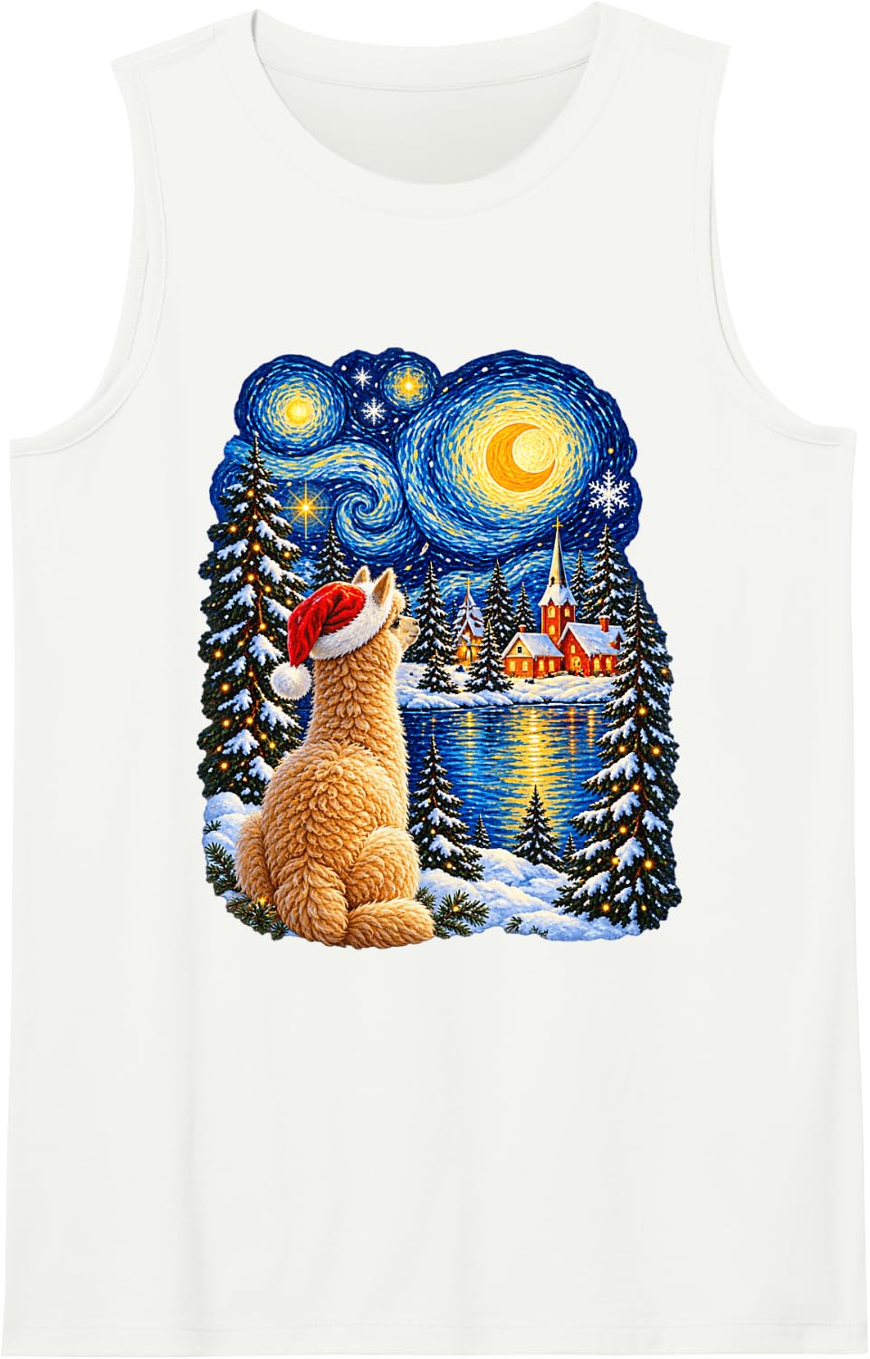 Christmas Alpaca Dreamy Santa Hat Winter Stars Men Women Sleeveless Tank Top - White