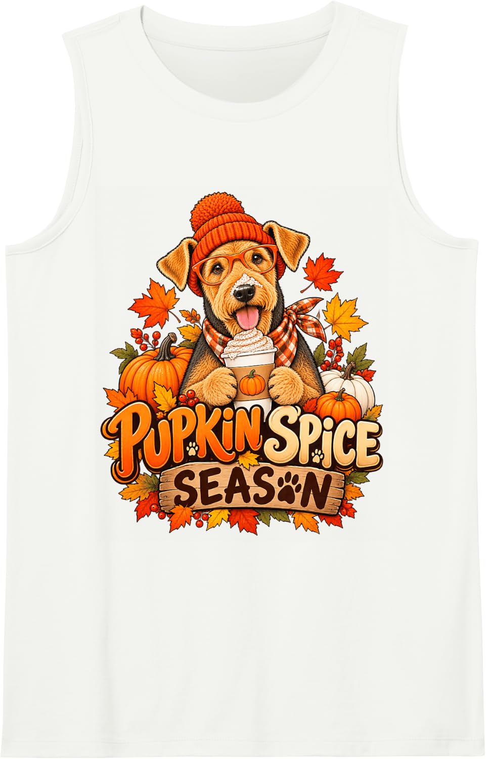 Pumpkin Spice Season Airedale Terrier Fall Autumn Dog Lover Sleeveless Tank Top - White