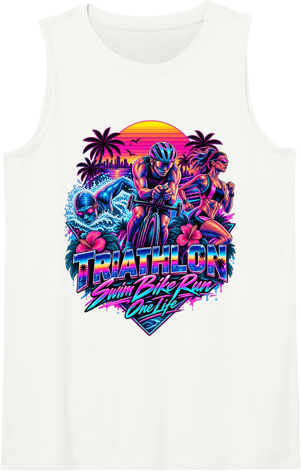 Triathlon Swim Bike Run One Life Synthwave Sunset Sleeveless Tank Top - White