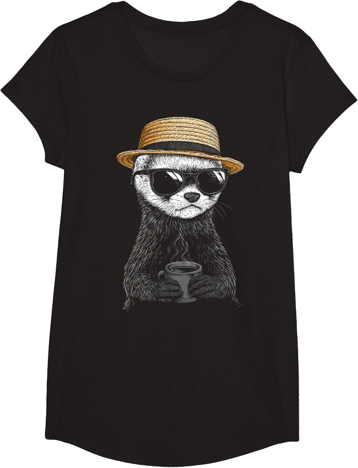 Funny Ferret Coffee Design Sunglasses Animal T-Shirt - Girls Black