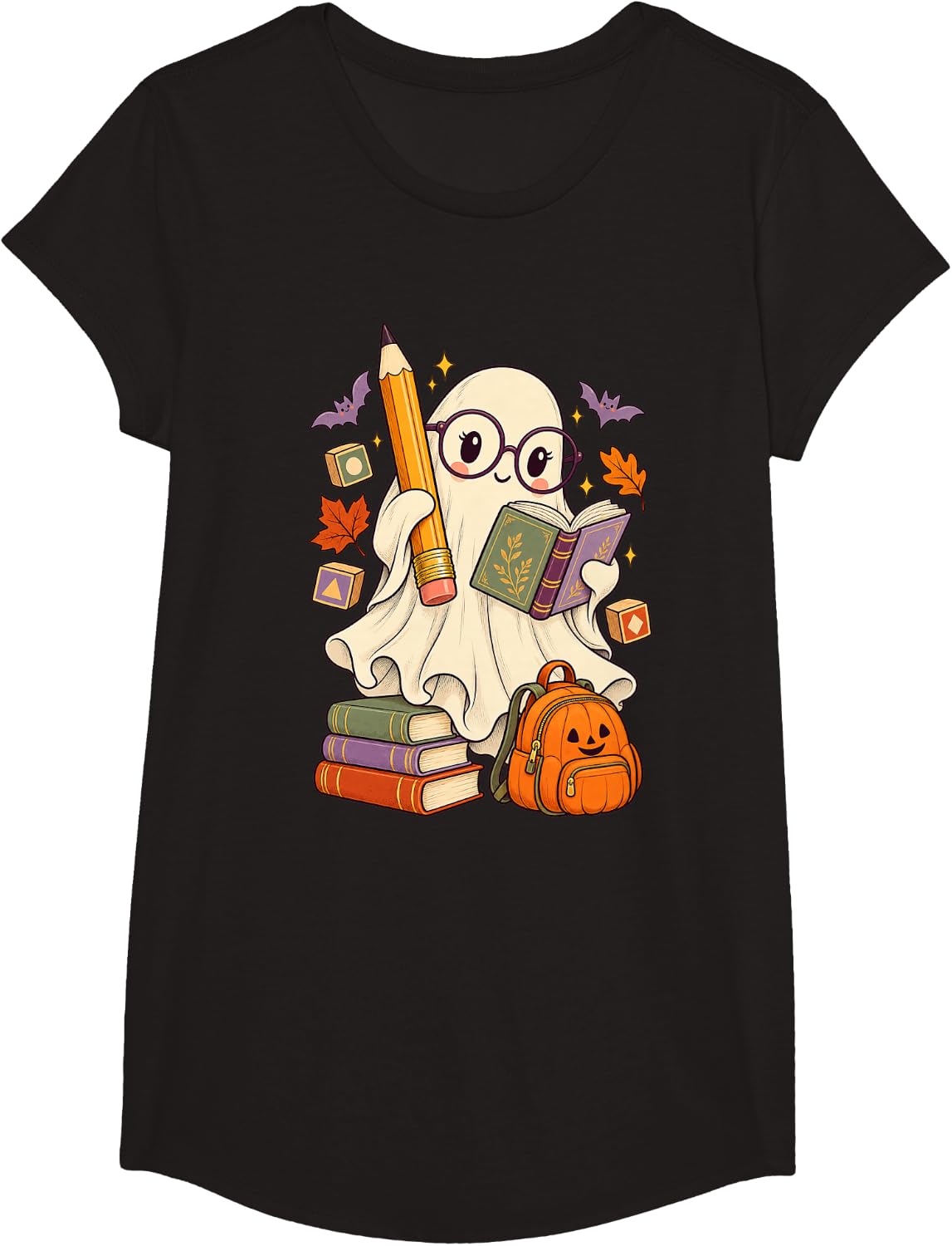 Cute Reading Ghost Halloween Teacher Book Lover T-Shirt - Girls Black