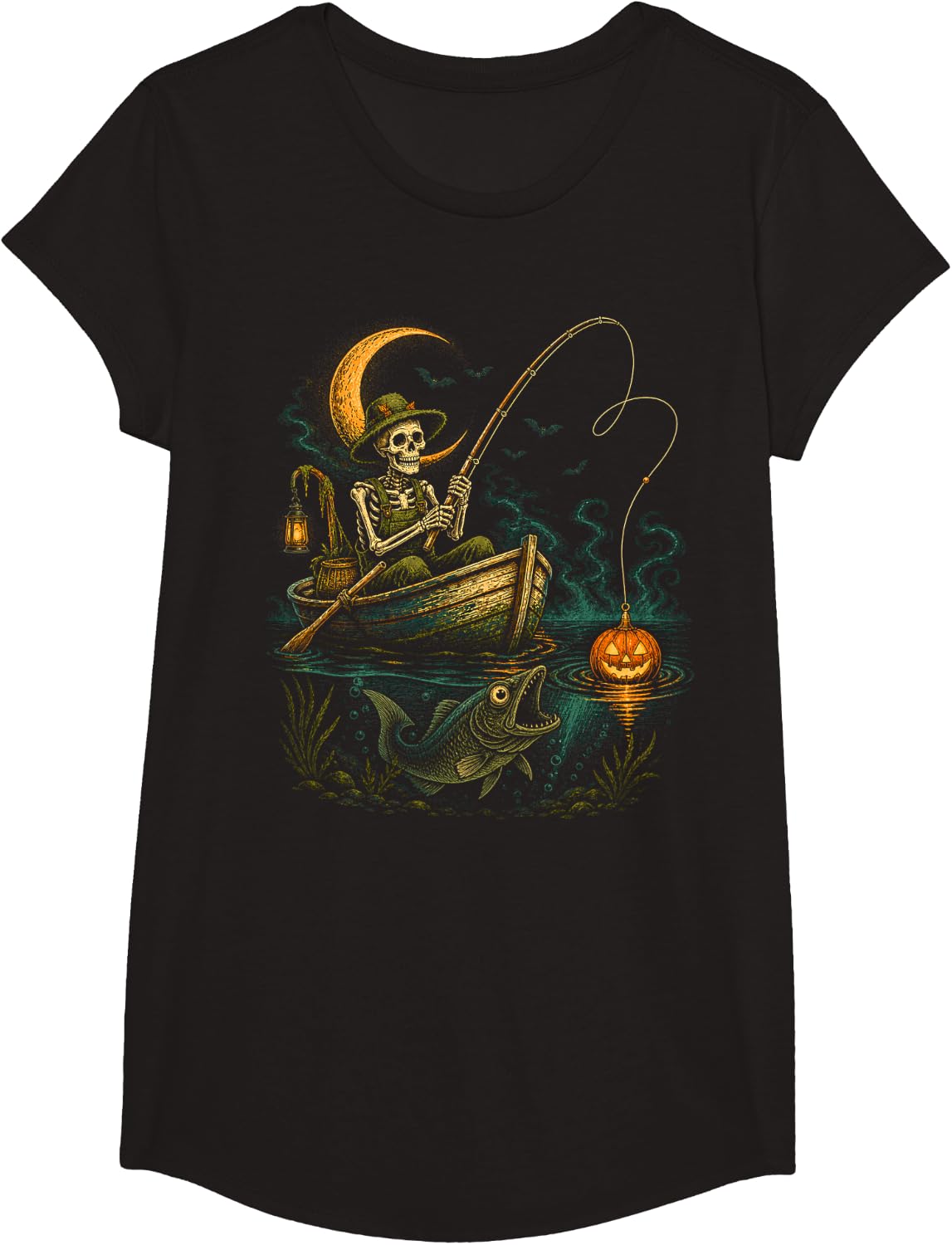 Skeleton Angler Spooky Bass Fishing Pumpkin Halloween T-Shirt - Girls Black