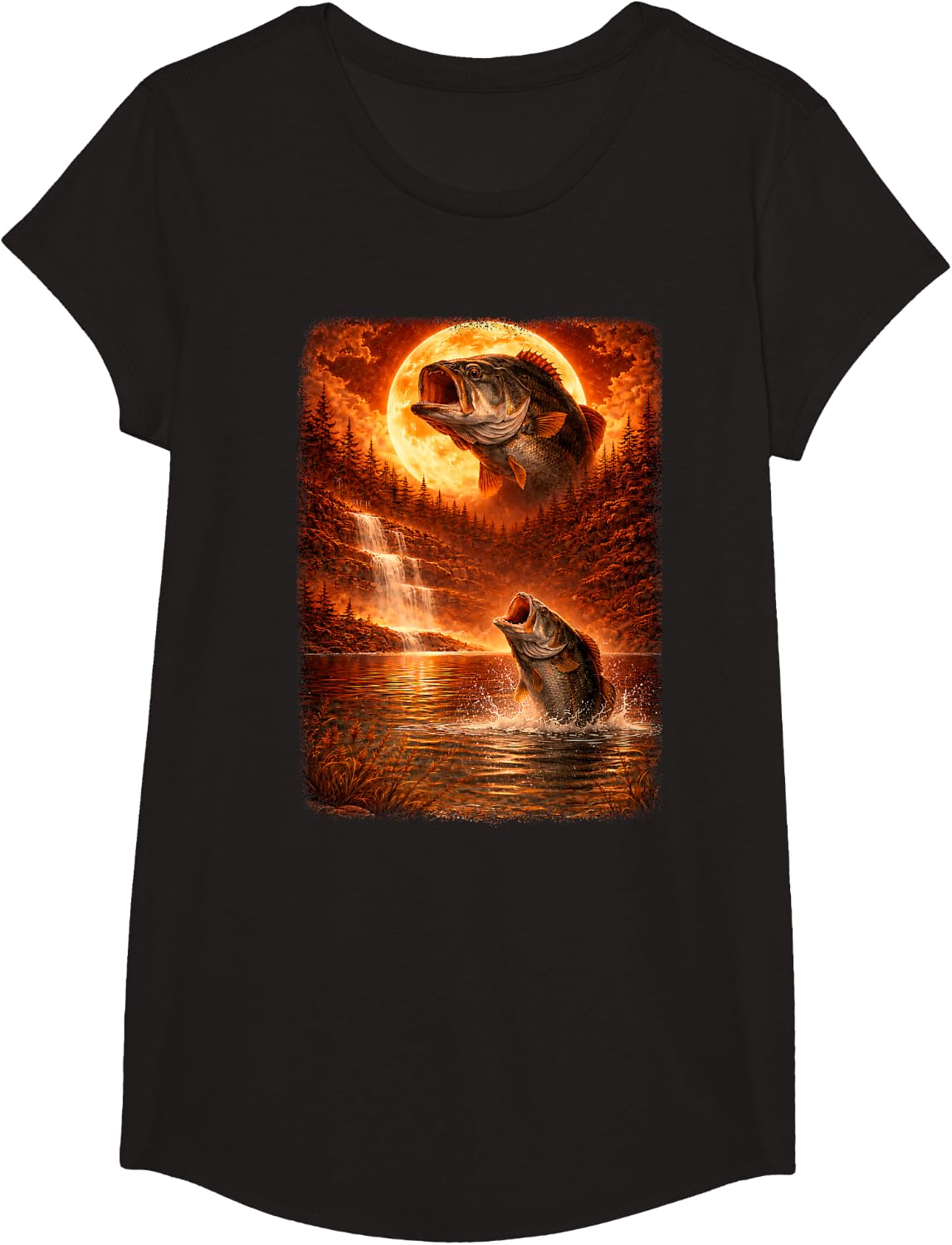 Bass Fish Howling At Moon Vintage Funny Mystic T-Shirt - Girls Black