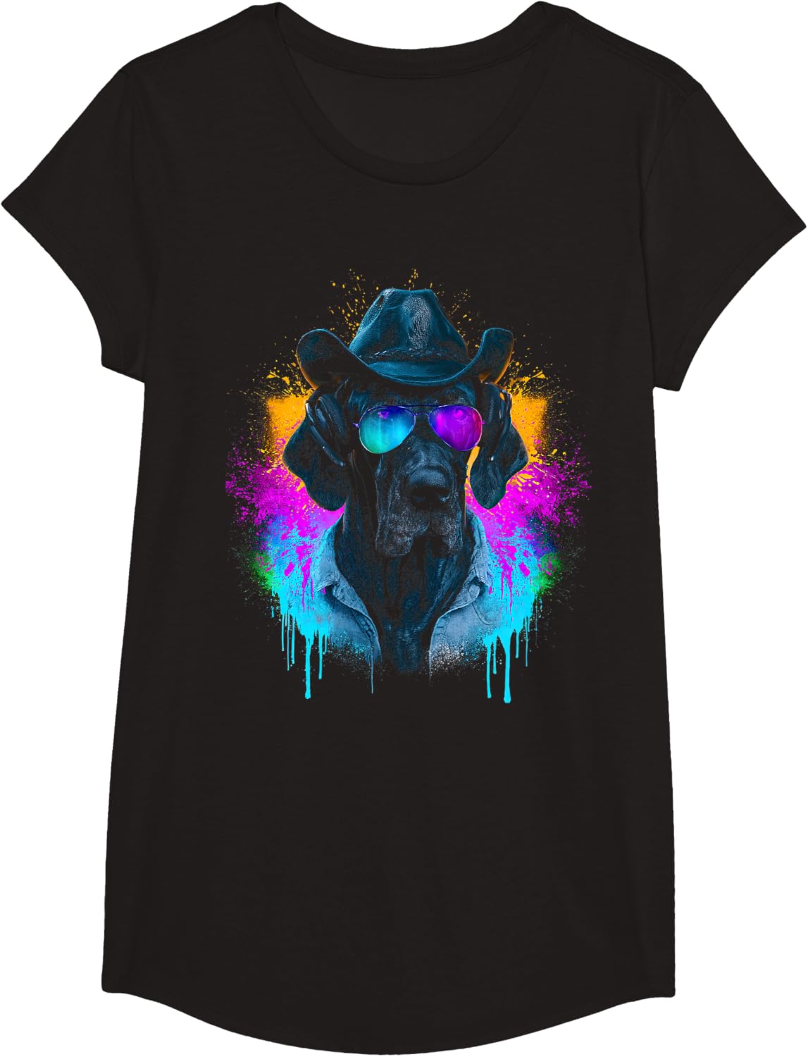 Great Dane Dog Owner Cowboy Design Sunglasses Art T-Shirt - Girls Black