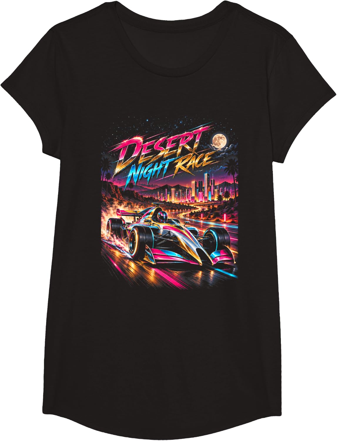 Desert Night Race Retro Synthwave Racing Car Skyline T-Shirt - Girls Black
