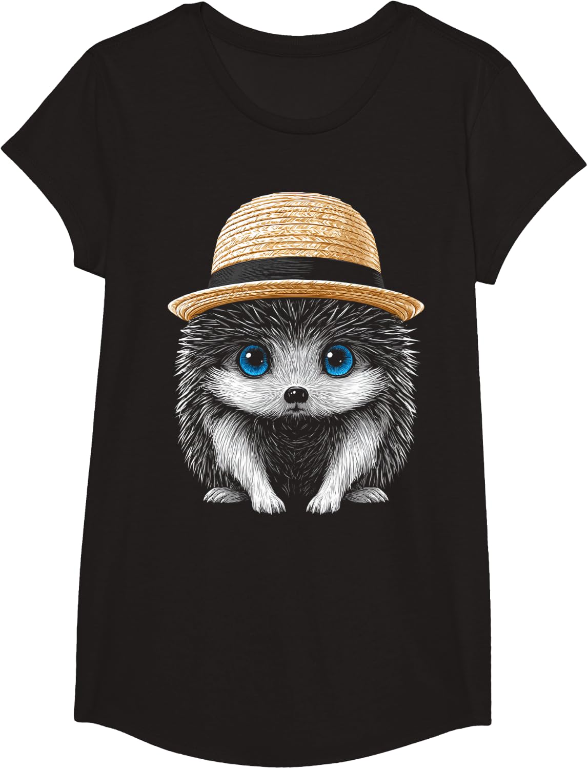 Hedgehog Blue Eyes Art T-Shirt - Girls Black