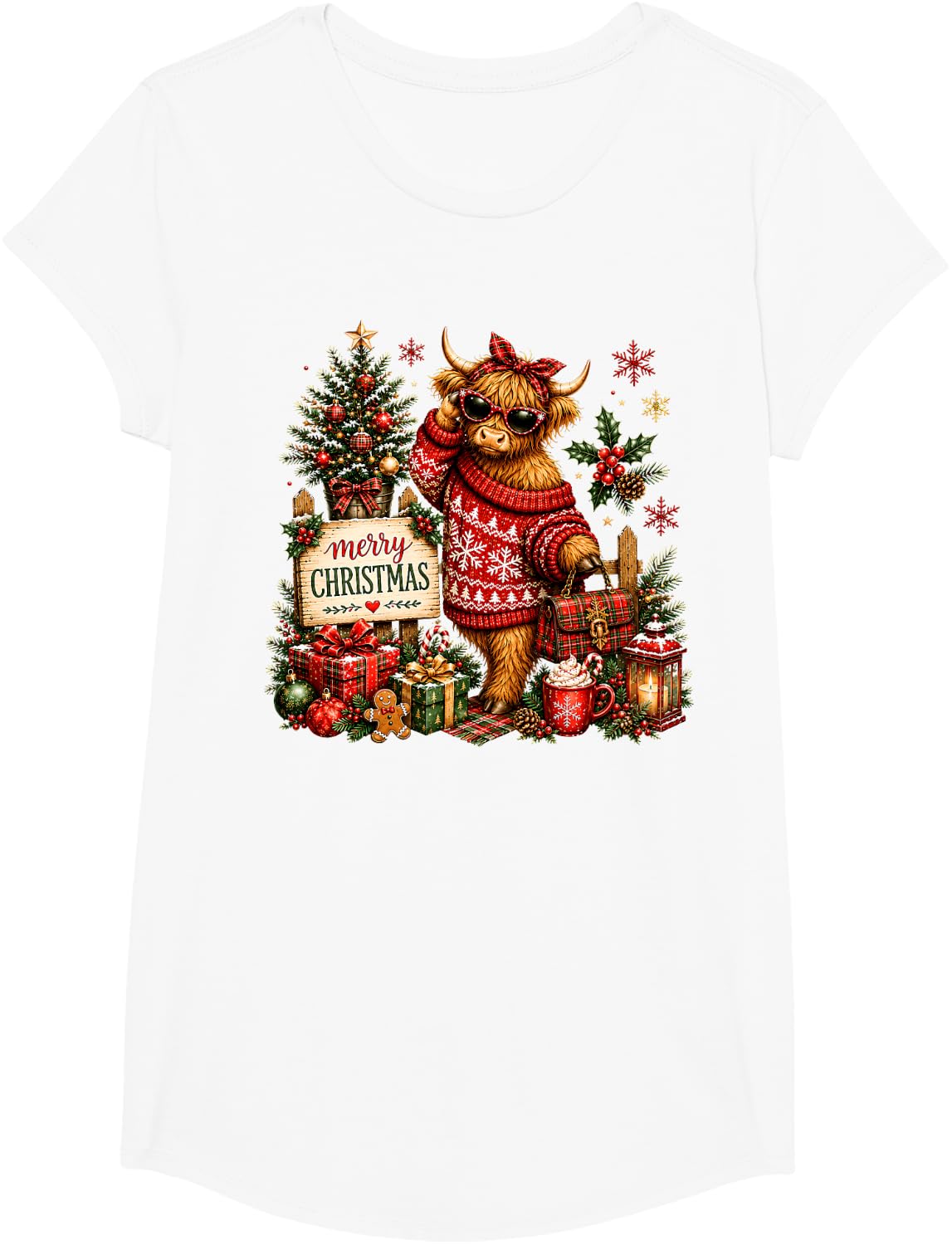 Christmas Highland Cow Xmas Tree Coquette Bow Latte Coffee T-Shirt - Girls White
