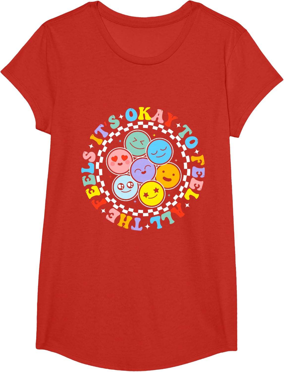 Groovy Mental Health Awareness It's Ok To Feel All The Feels T-Shirt - Girls Red