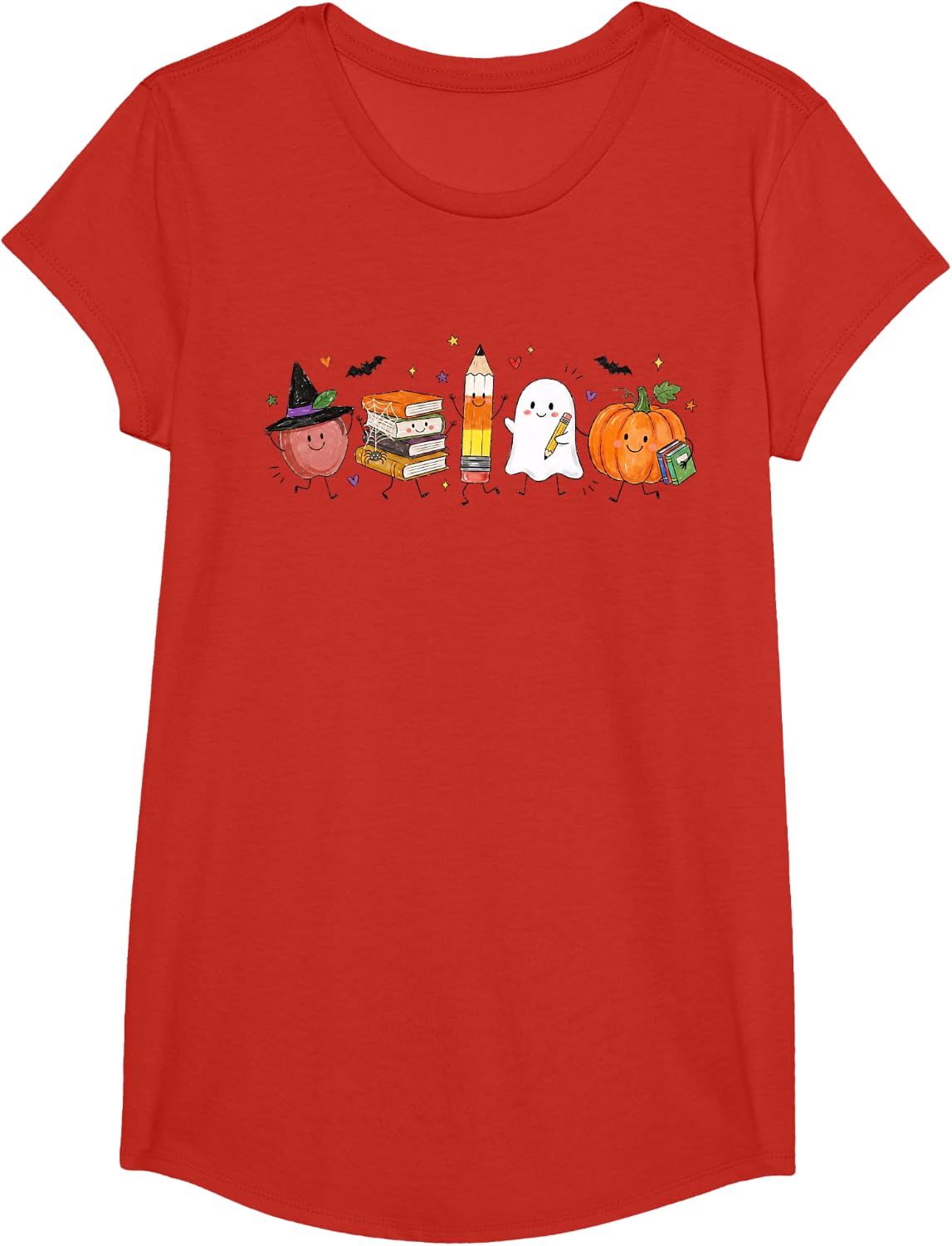 Halloween Teacher Ghost Pumpkin Books Pencil School Autumn T-Shirt - Girls Red