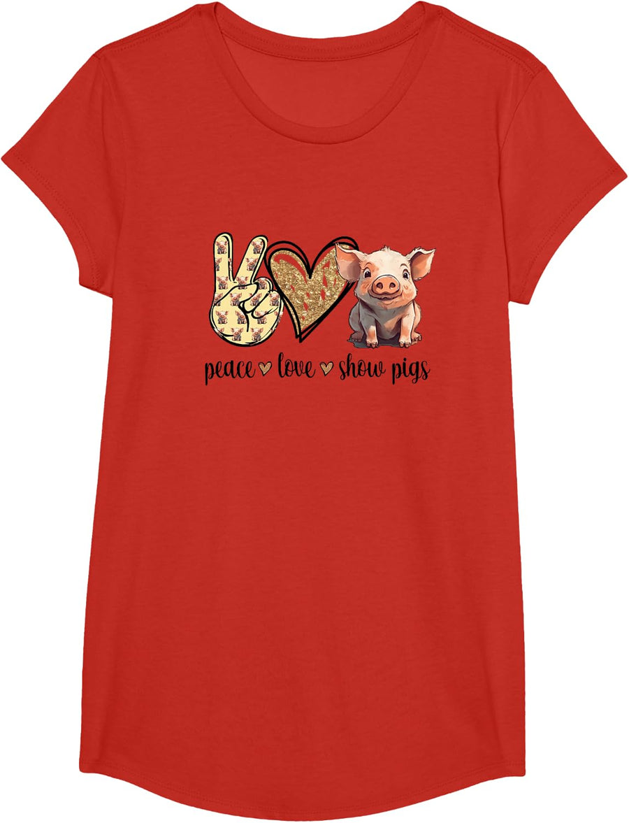Peace Love Cute Show Pig Lover T-Shirt - Girls Red