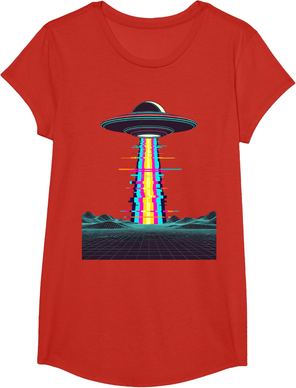 Glitchcore UFO Abduction Synthwave 80s 90s Alien Meme T-Shirt - Girls Red