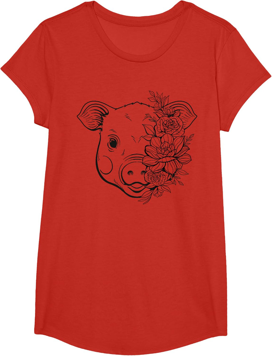 Pig with Flowers Art For Men Women Farmer Pigs Farm Animal T-Shirt - Girls Red