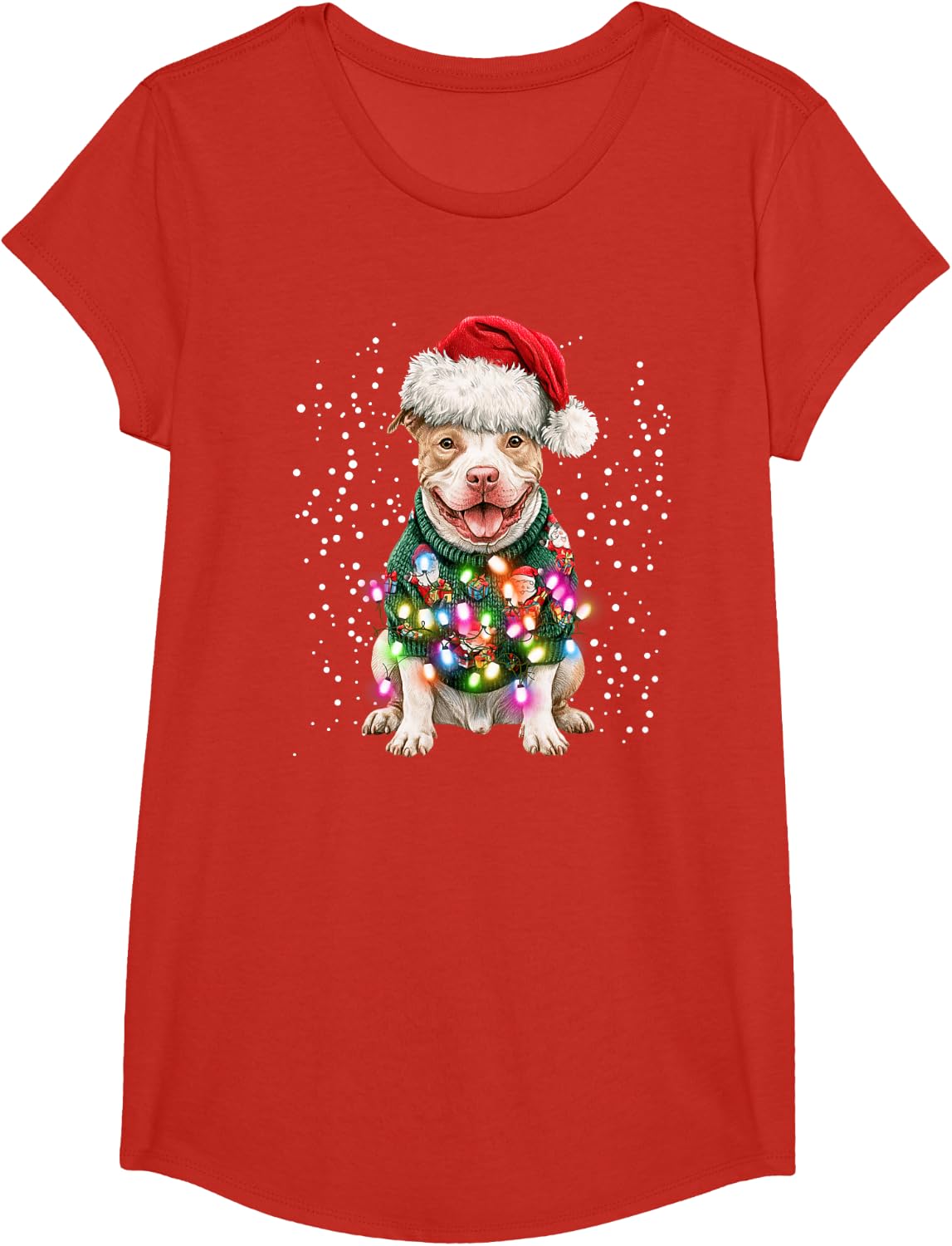 Cute Pitbull Dog Christmas Lights Santa Hat Men Women Kids T-Shirt - Girls Red