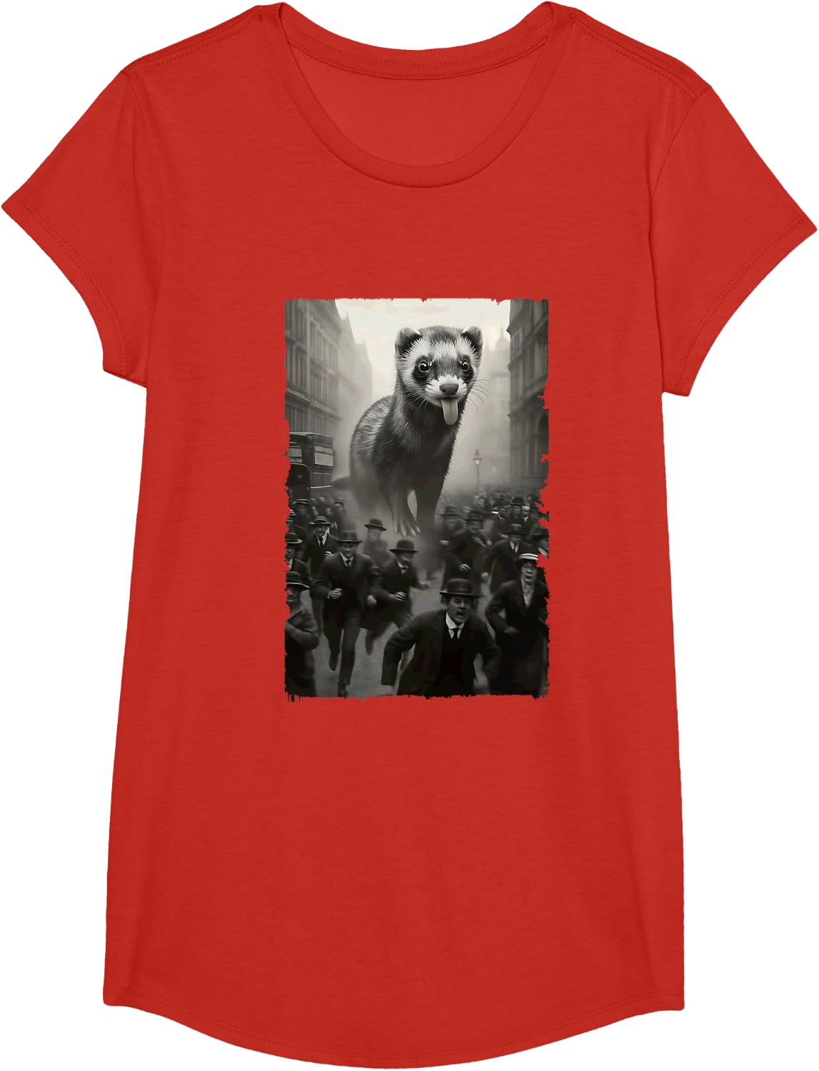 Giant Ferret Funny Destroying Retro City Picture T-Shirt - Girls Red