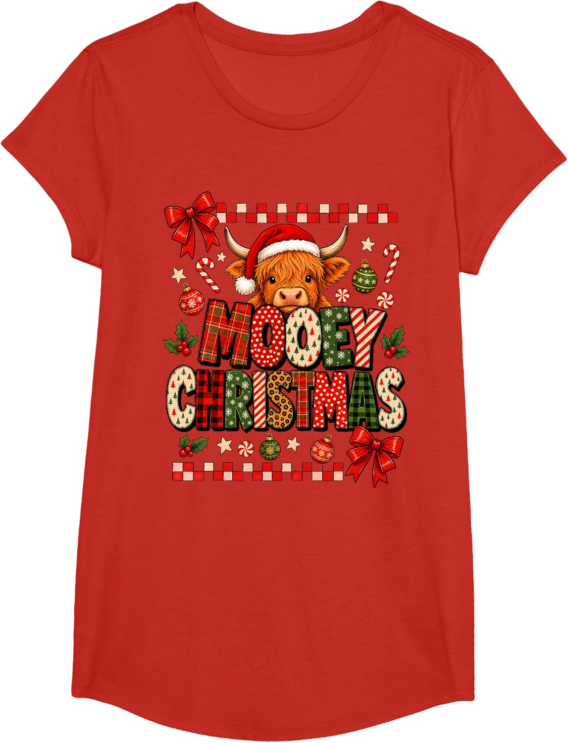 Mooey Christmas Highland Cow Funny Cow Women Girls T-Shirt - Girls Red
