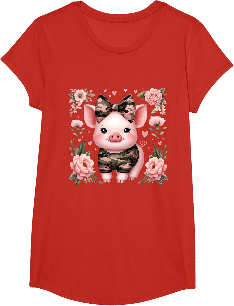Cute Pig Camouflage Old Camo Coquette T-Shirt - Girls Red
