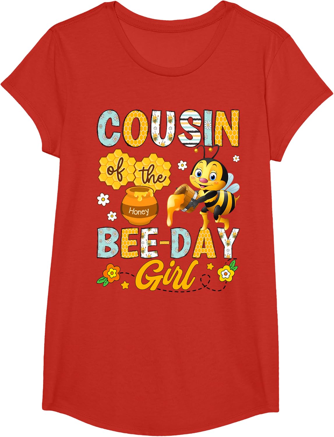 Cousin Of The Bee-Day Girl Funny Bee Birthday Party T-Shirt - Girls Red