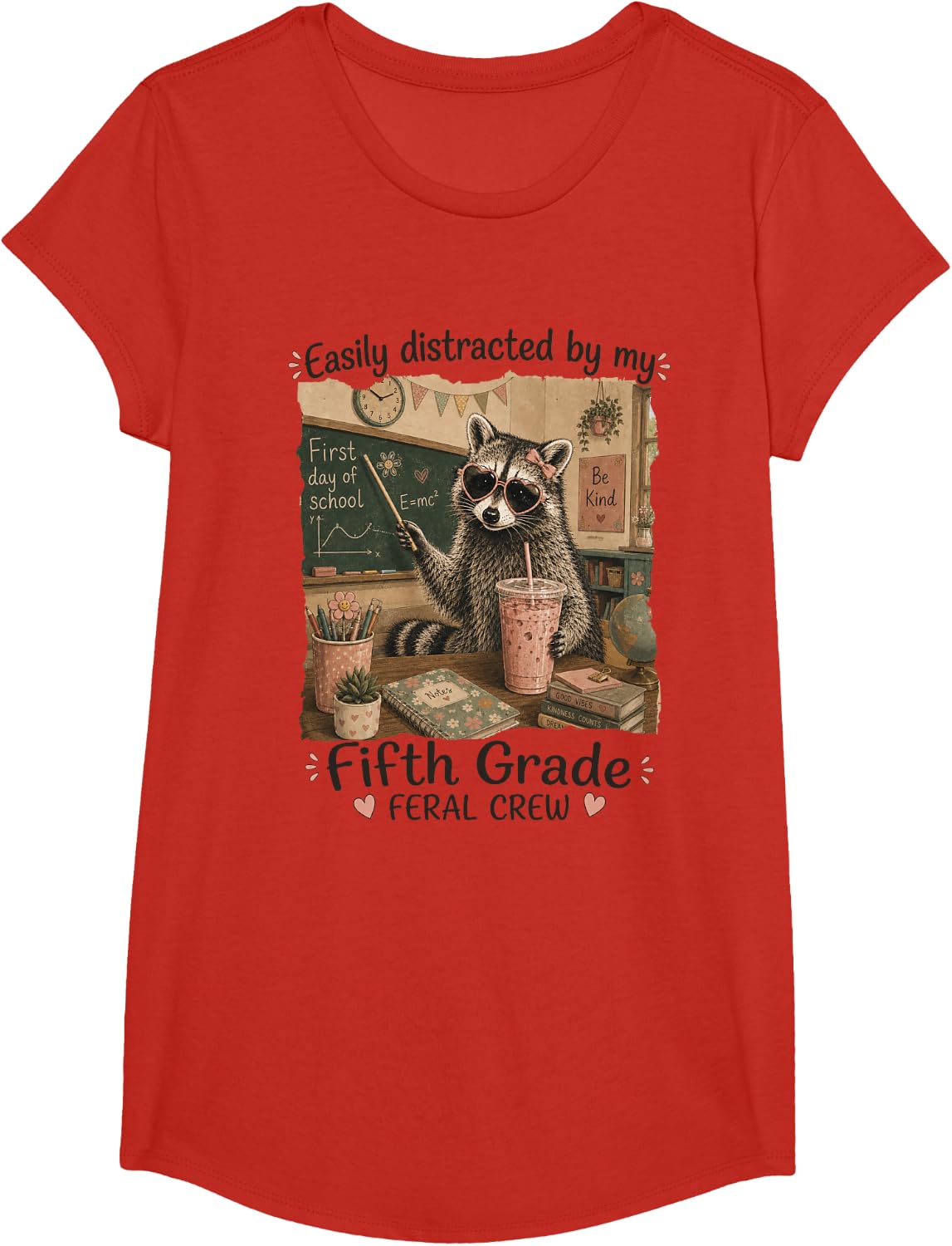 Easily Distracted Fifth Grade Feral Crew Teacher T-Shirt - Girls Red