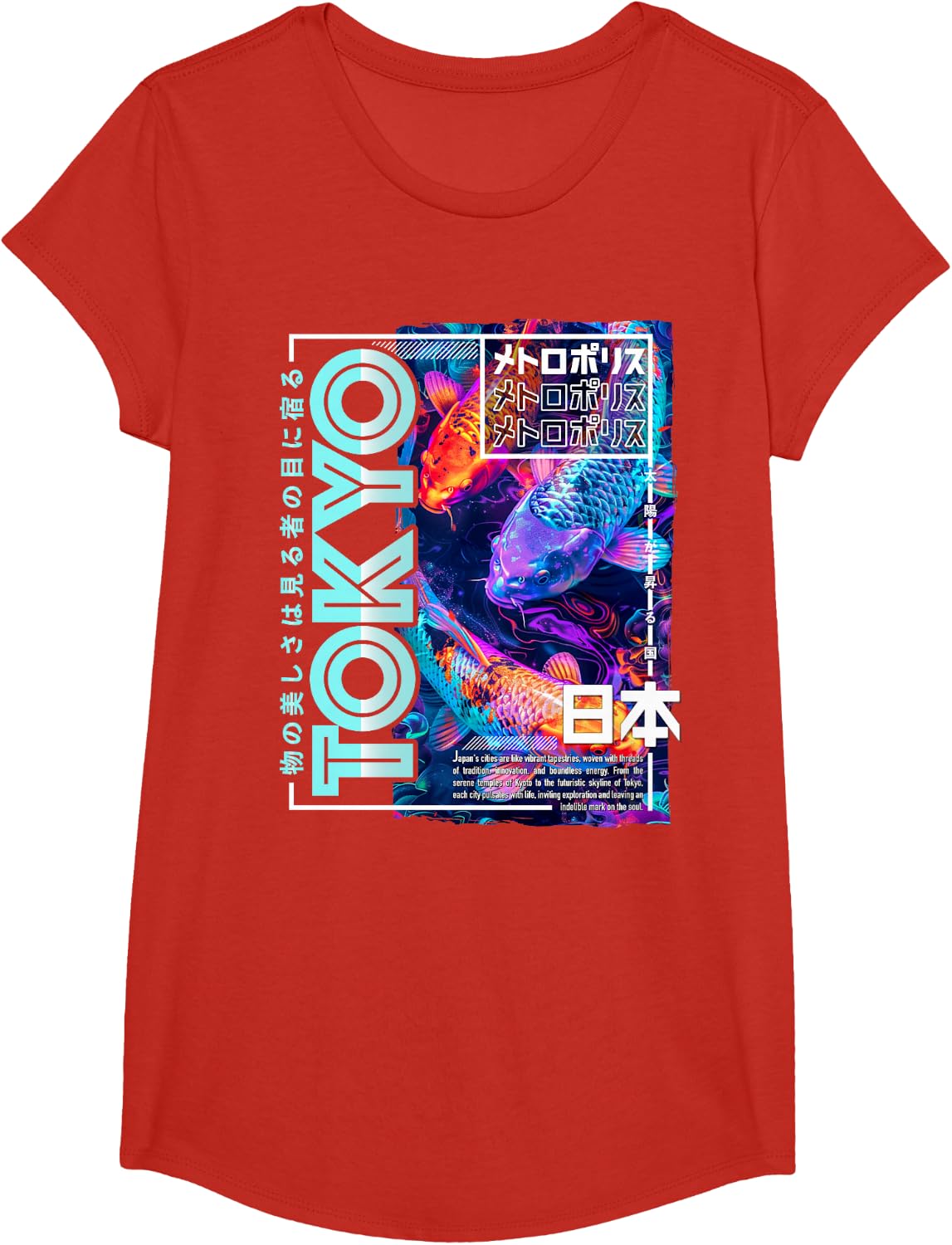 Tokyo City 80s Synthwave Koi Carp Japan Tokyo T-Shirt - Girls Red