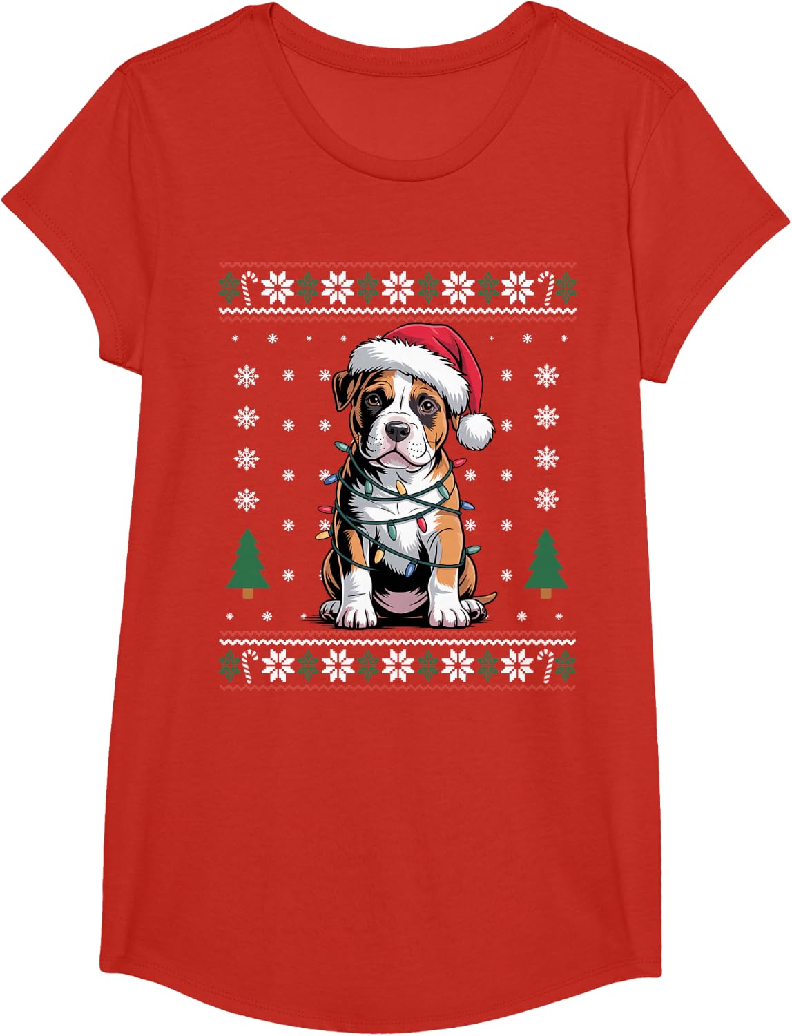 Cute Funny Pitbull Puppy Christmas Lights Dog Mom Dad Lover T-Shirt - Girls Red