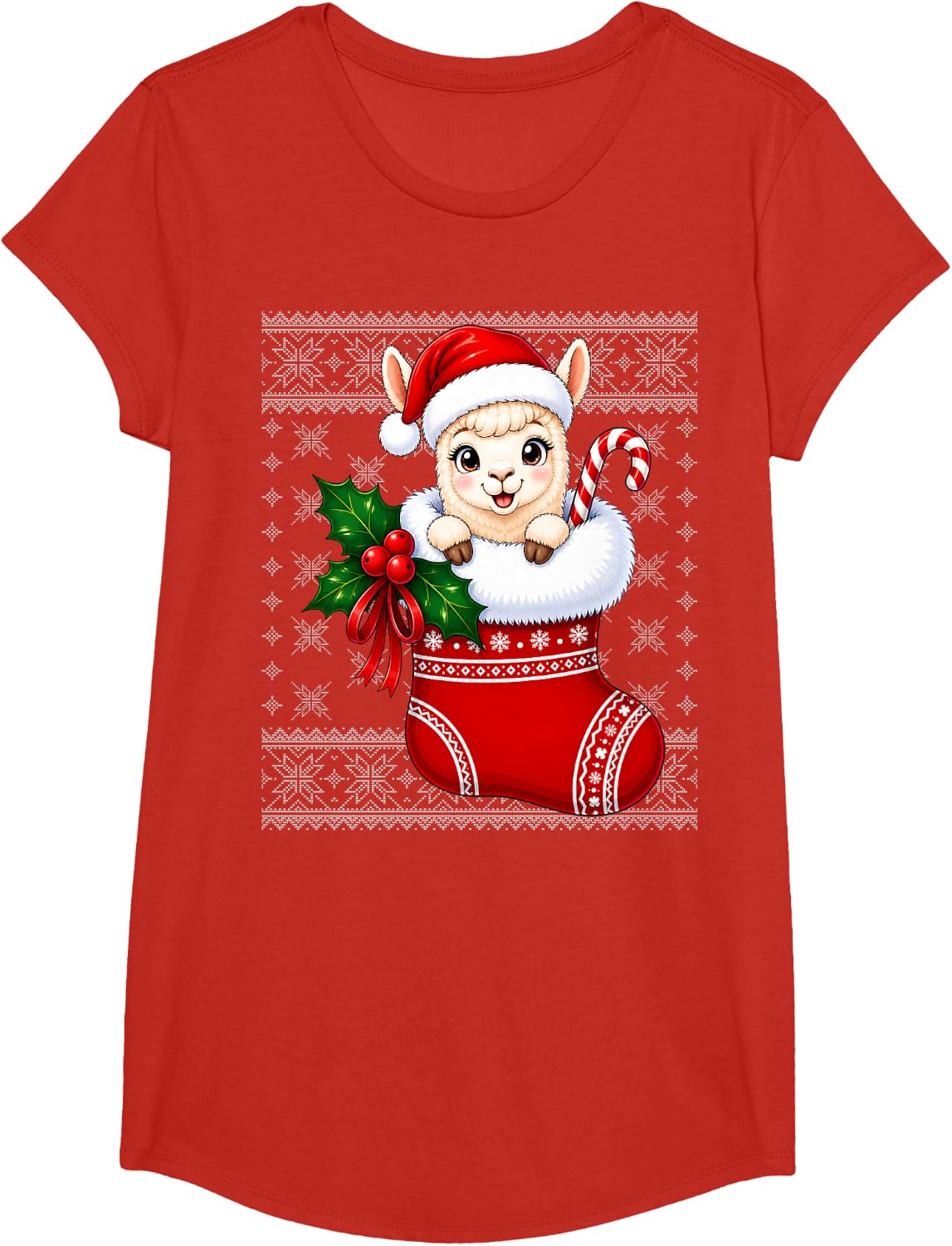 Llama Alpaca Christmas Stocking Cute Festive Ugly Xmas T-Shirt - Girls Red