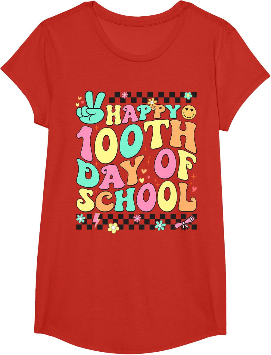 100th Day of School Shirt for Teachers and Kids Happy 100 Days Tee T-Shirt - Girls Red