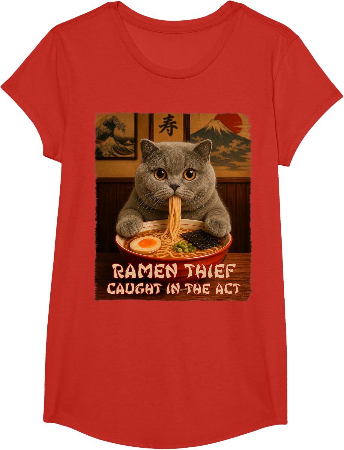 Ramen Cat - British Shorthair Cat - Ramen Thief - Grunge T-Shirt - Girls Red