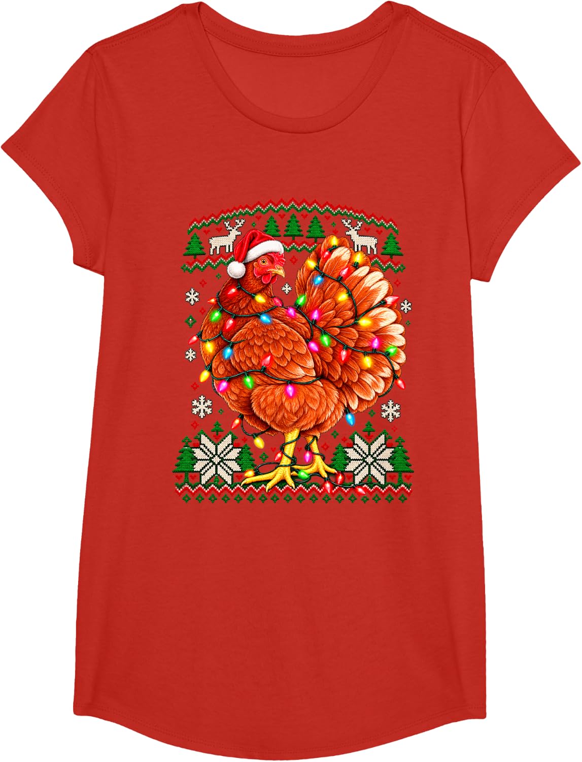 Christmas Chicken Proud Santa Hat Ornate Holiday Circle T-Shirt - Girls Red