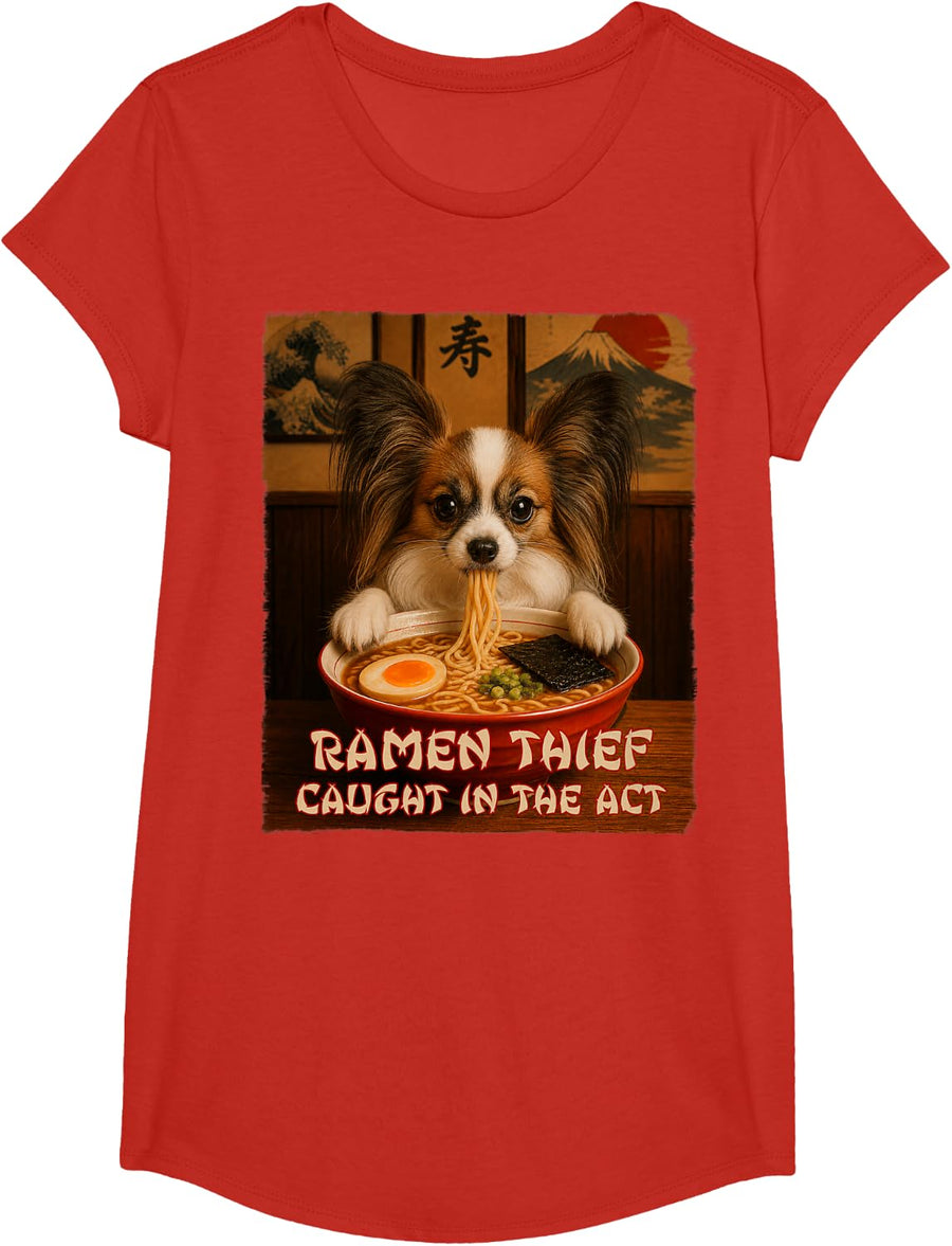 Funny Dog Tee - Papillon - Ramen Dog Thief T-Shirt - Girls Red