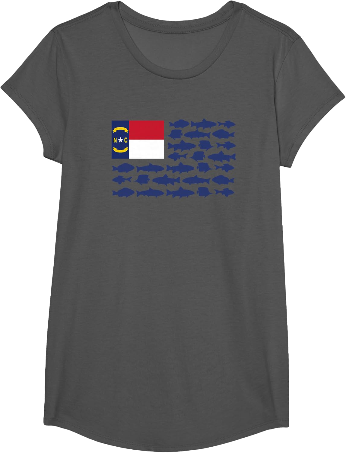 North Carolina Saltwater Fishing Love Fish NC Flag Theme T-Shirt - Girls Asphalt Grey