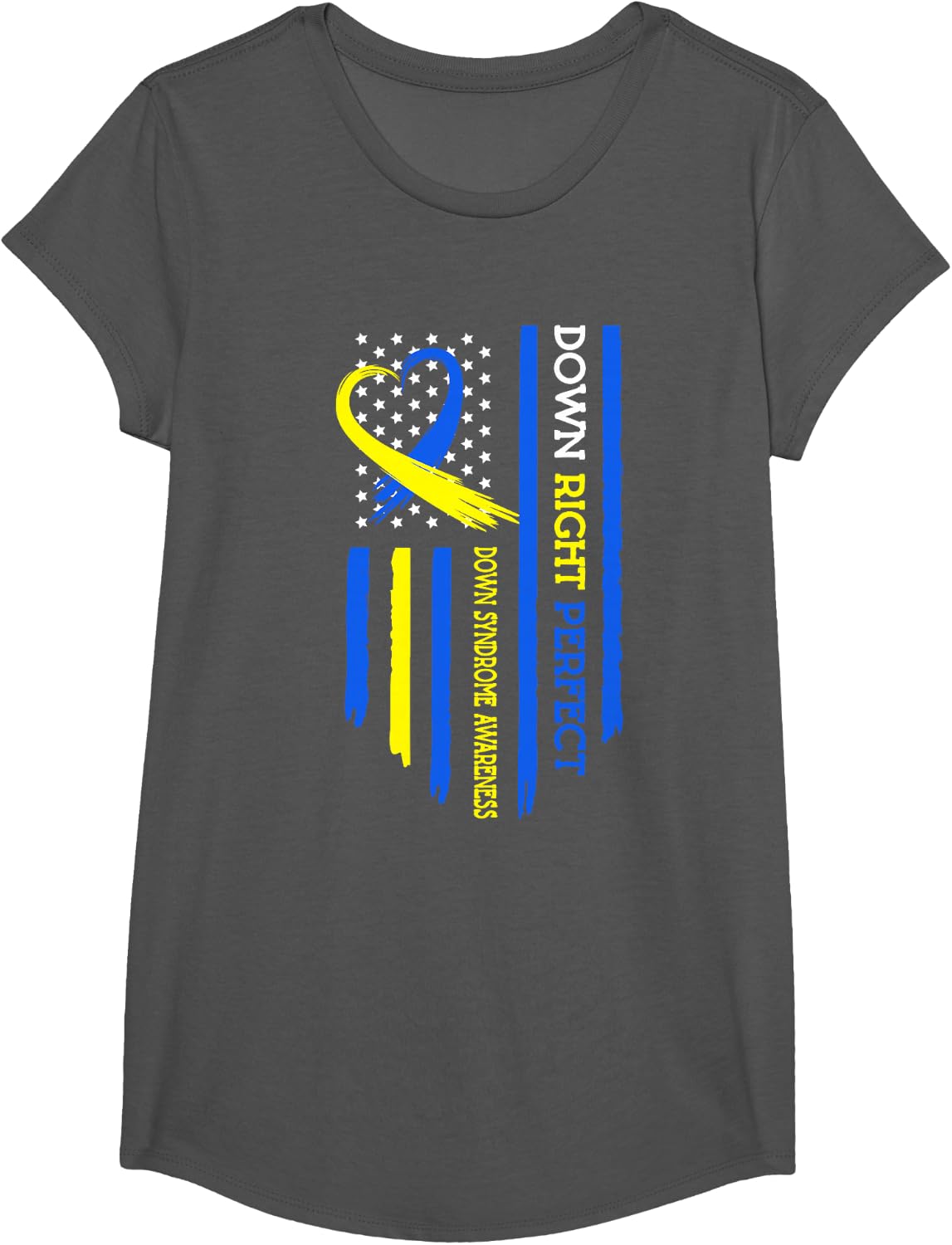 Down Right Perfect Yellow & Blue American Flag Down Syndrome Awareness T-Shirt Tee - Girls Asphalt Grey