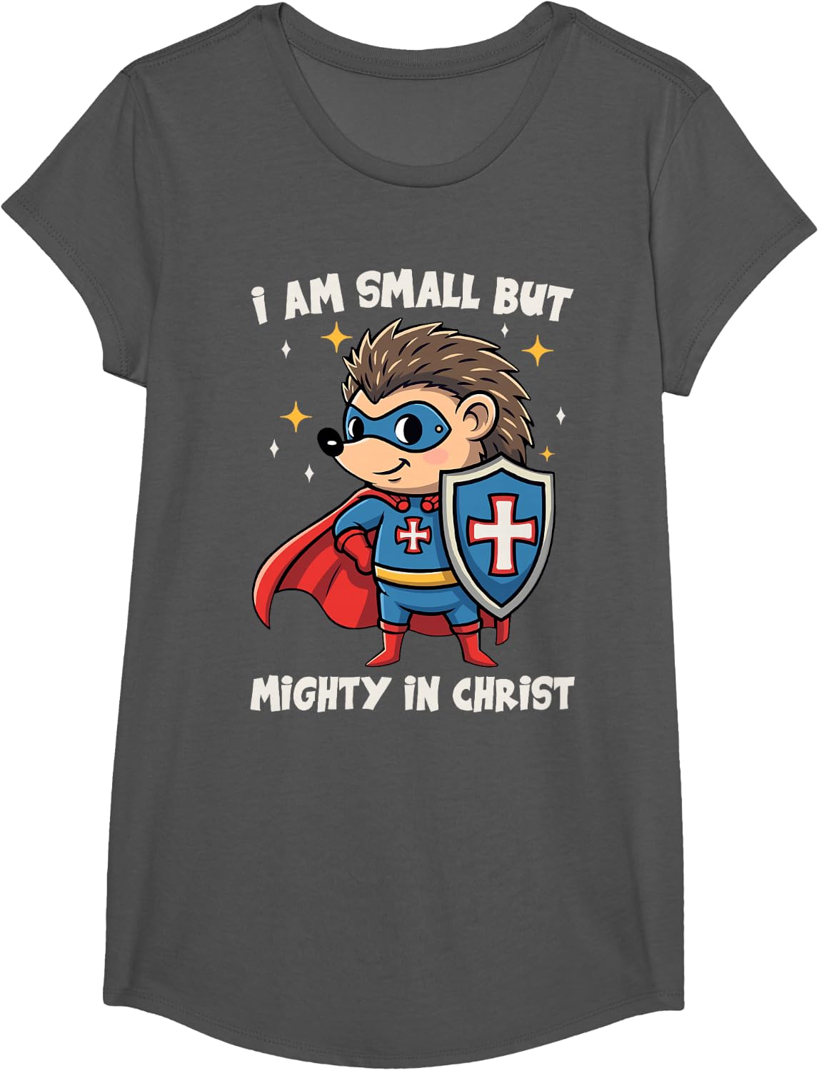 Christian Kids Shirts I Am Small But Mighty in Christ Cute Hedgehog Tees T-Shirts - Girls Asphalt Grey