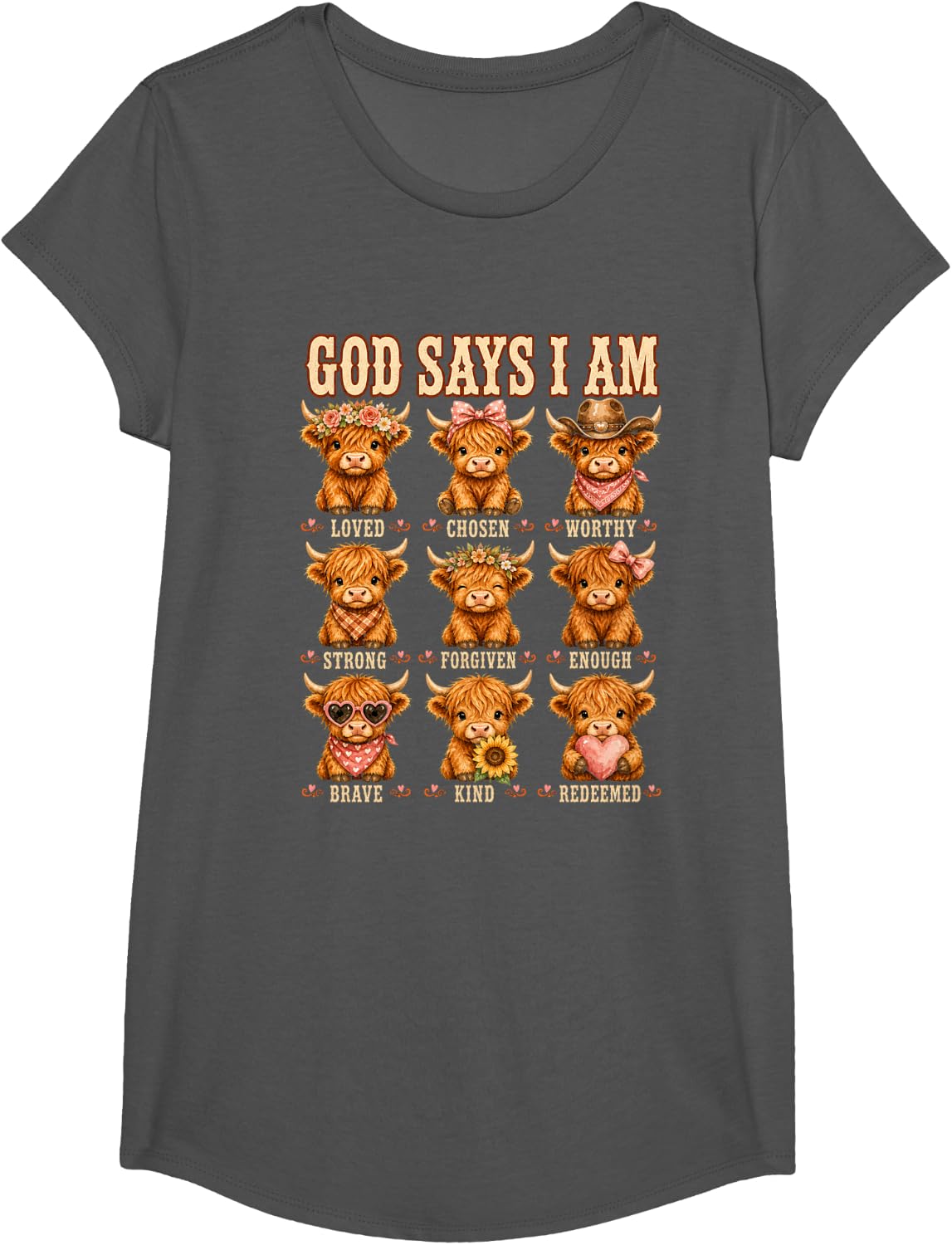 God Says I Am Highland Cow Christian Bible Verse Girls T-Shirt - Girls Asphalt Grey
