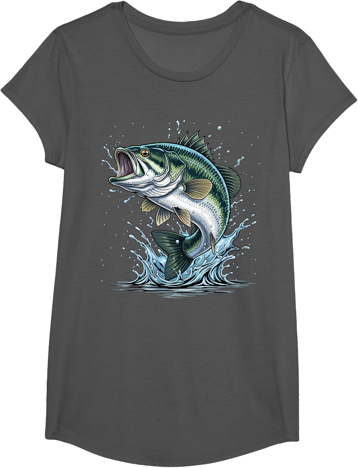 Fishing Distressed Bass Fish (Design on Back) T-Shirt - Girls Asphalt Grey