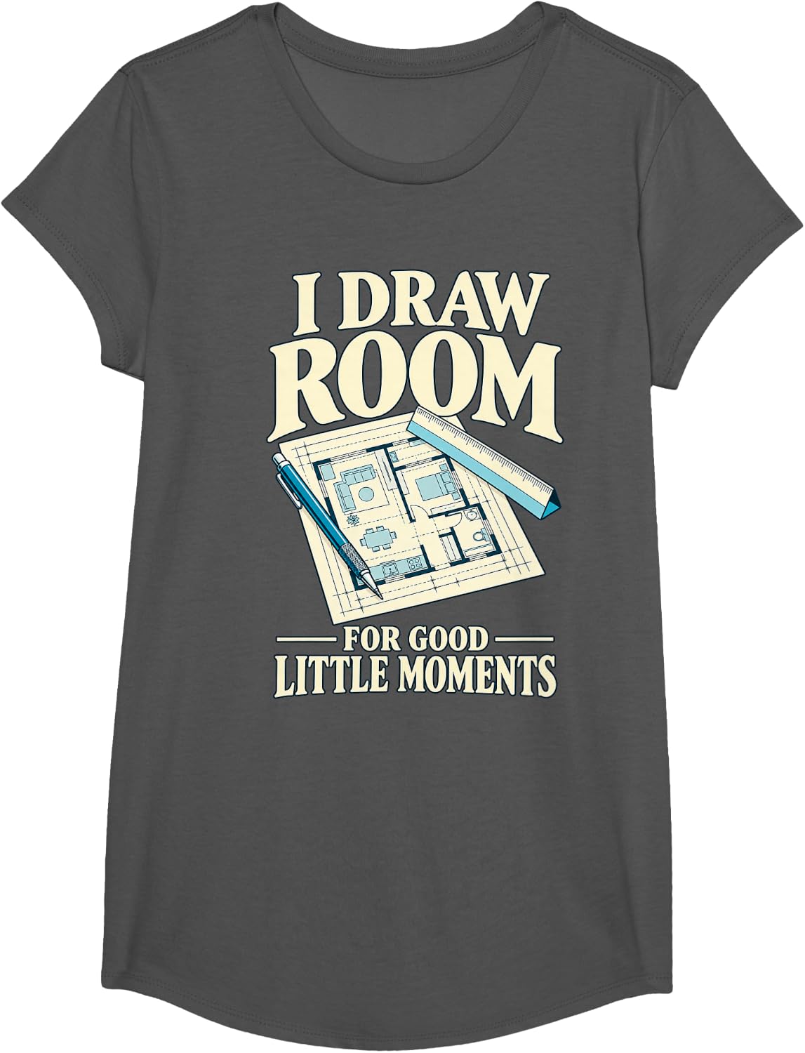 I Draw Room for Good Little Moments Blueprint T-Shirt - Girls Asphalt Grey