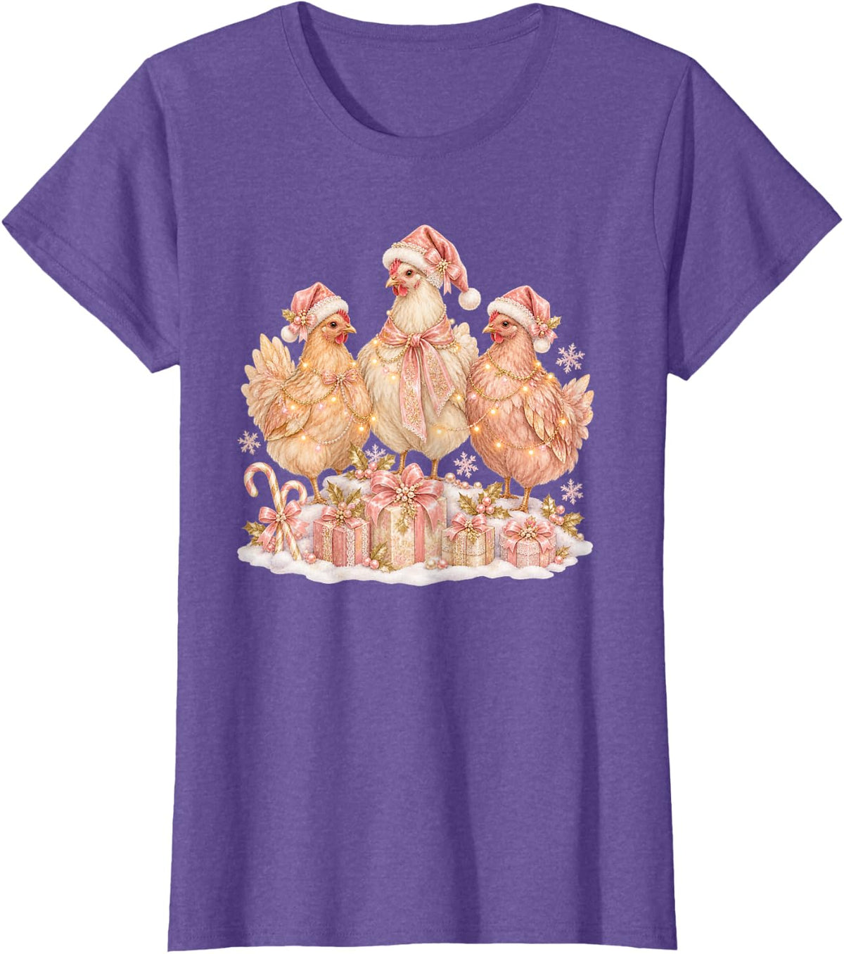 Cute Pink Christmas Chickens Santa Hats Bows Holiday Lights T-Shirt - Purple Heather