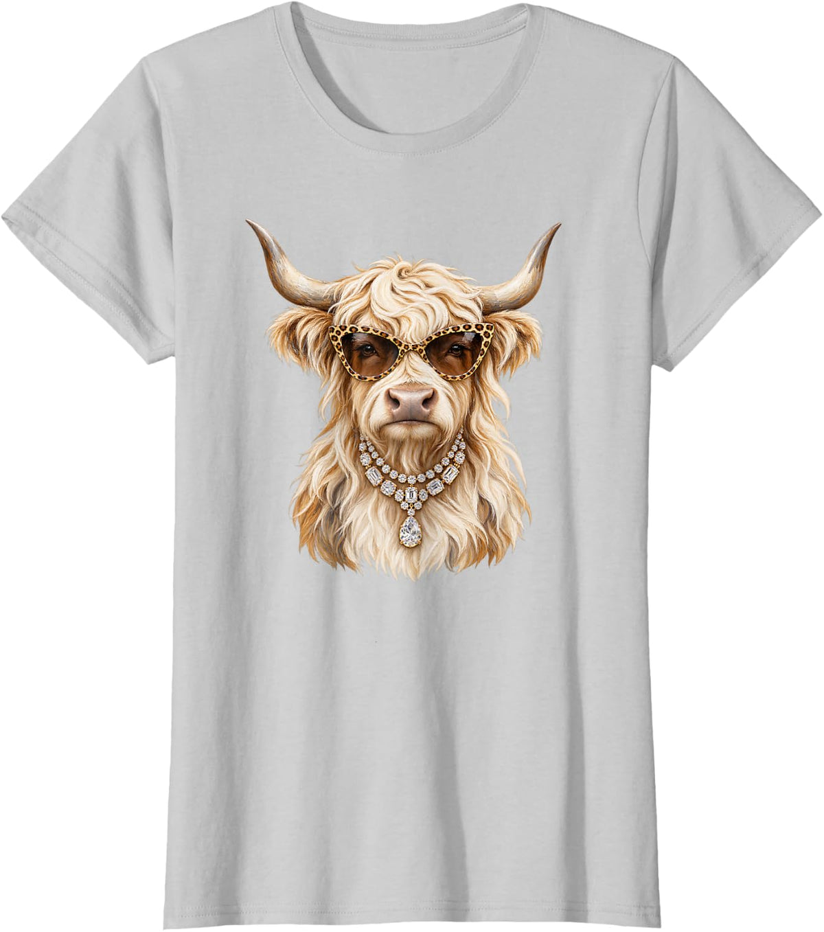 Blonde Highland Cow Leopard Sunglasses Glam Western Style T-Shirt - Silver Grey