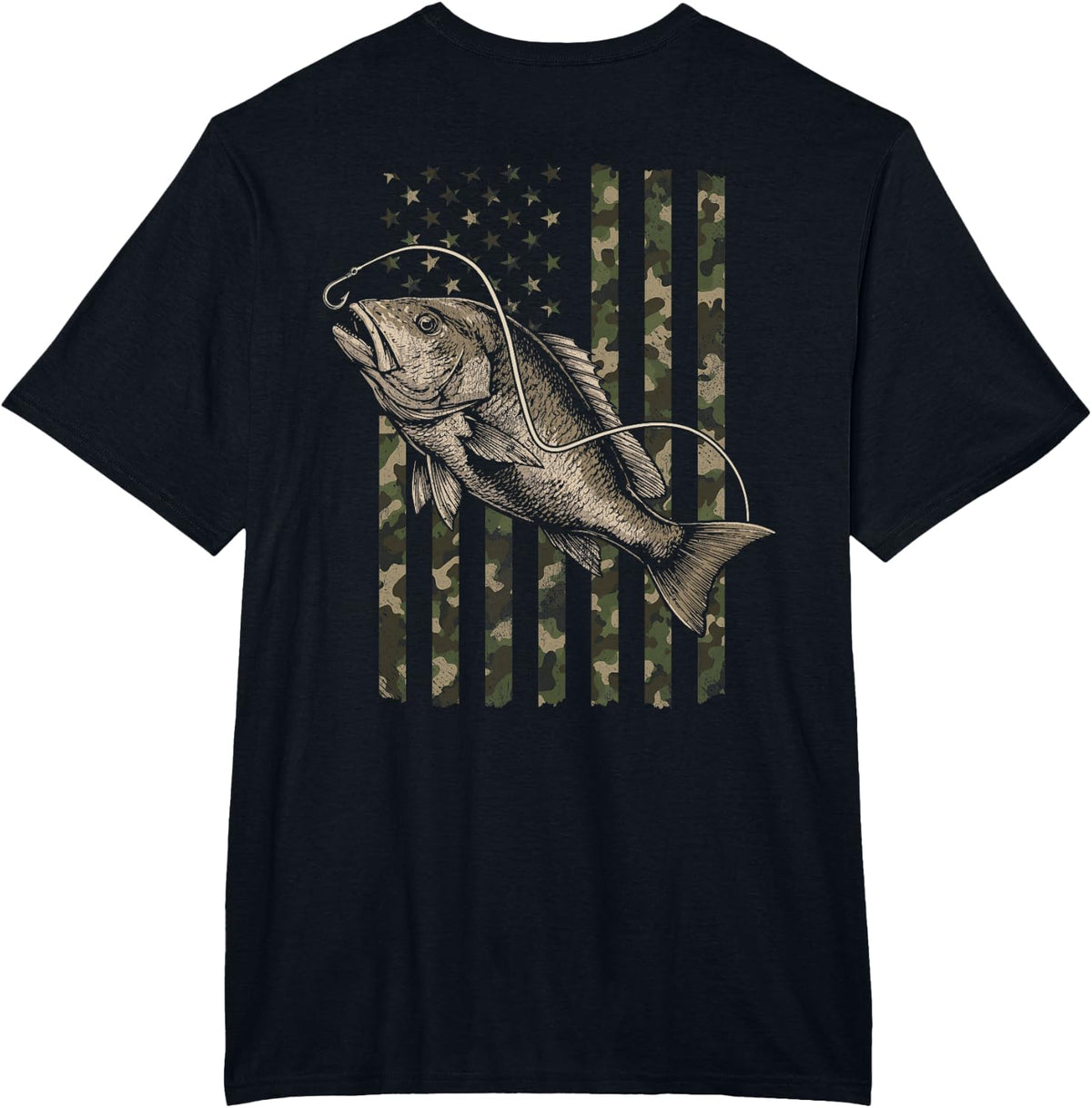 Red Snapper Fishing Distressed Camo Flag (Design on Back) T-Shirt - Black