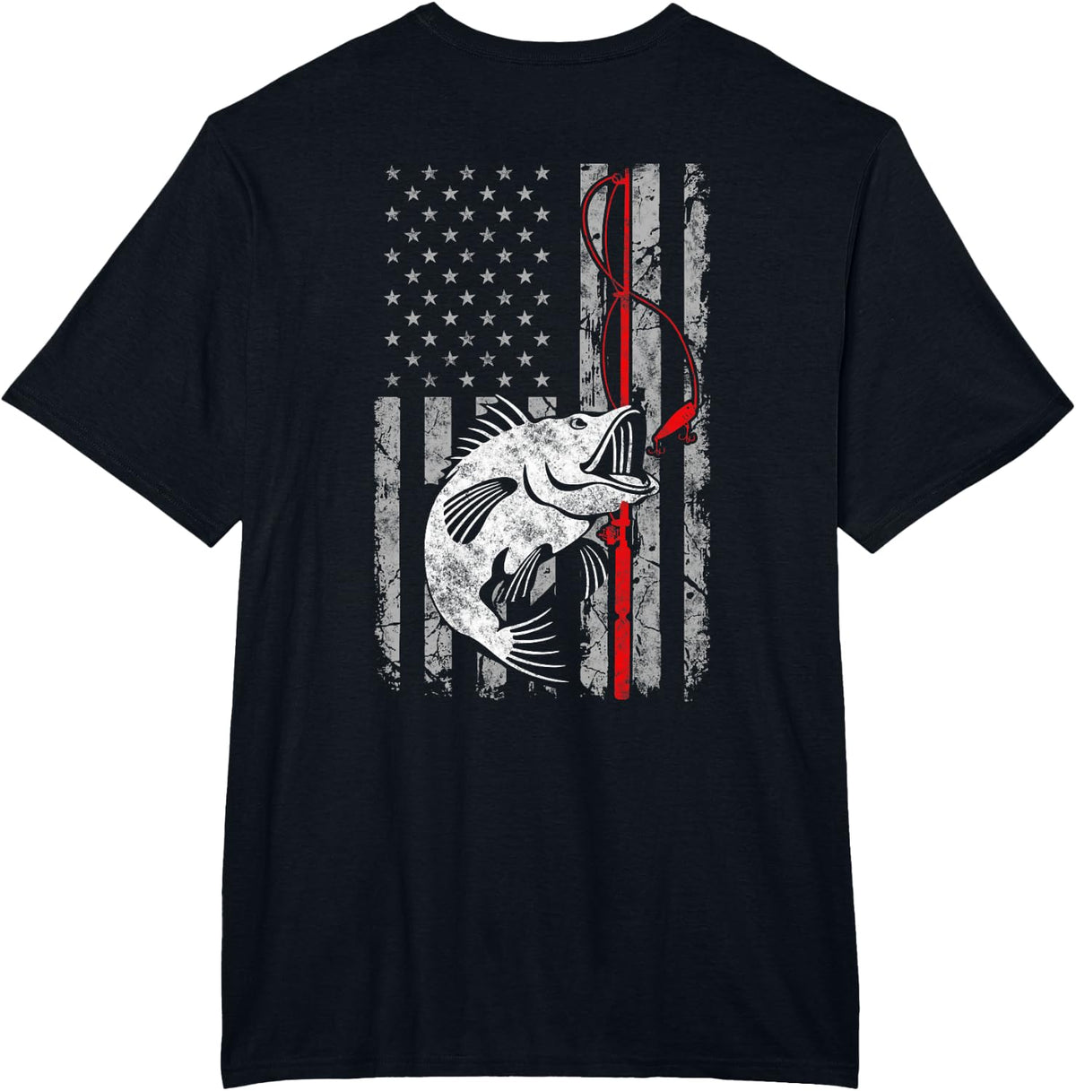 Fishing American Flag Vintage USA Bass Fisherman T-Shirt - Black