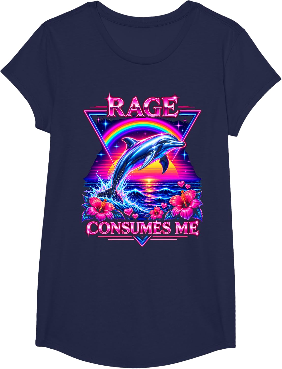 Dolphin Jump - Rage Consumes Me Synthwave Sunset T-Shirt - Girls Navy Blue