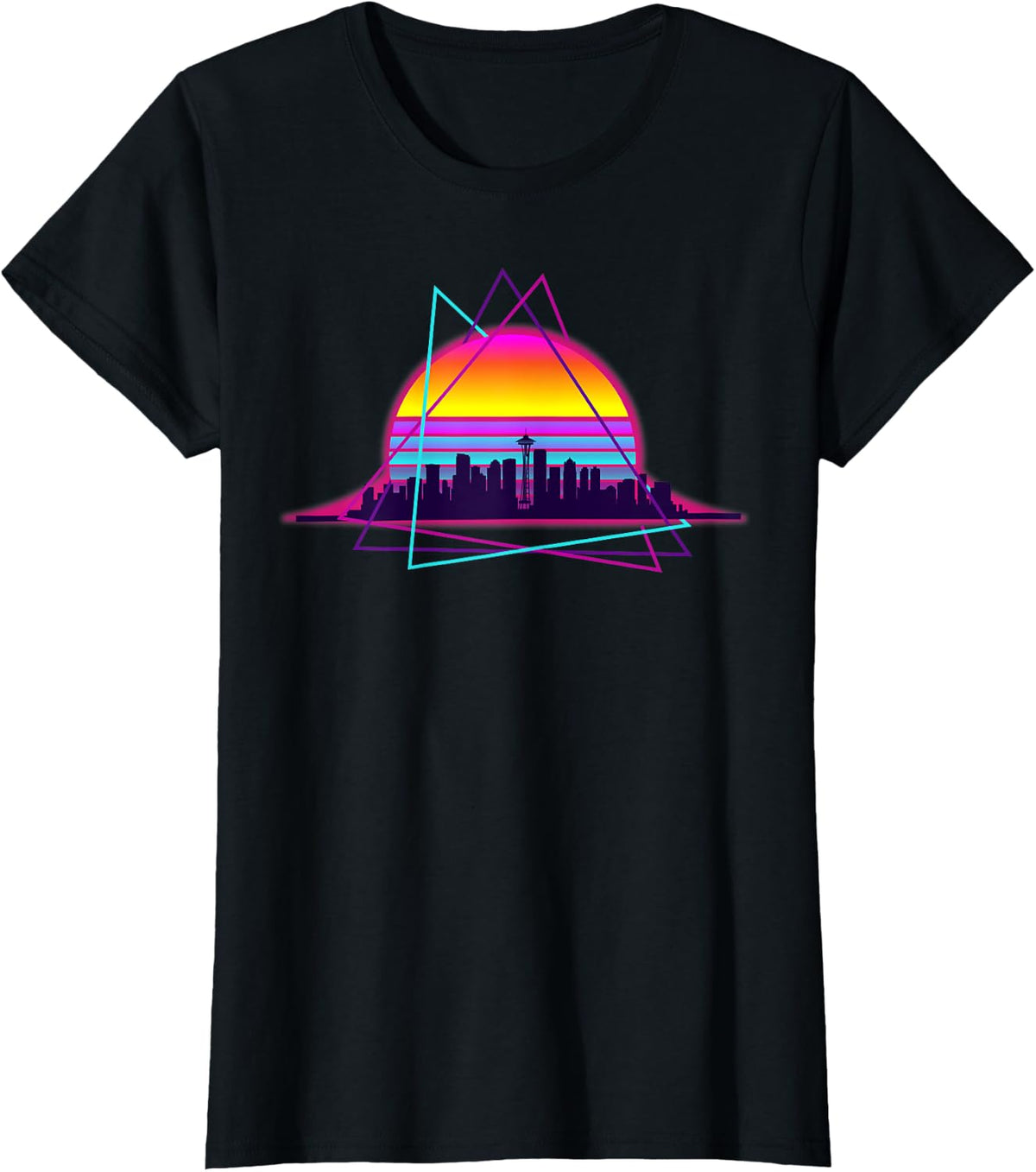 Retro Synthwave Seattle Skyline Space Needle New Retrowave T-Shirt - Black