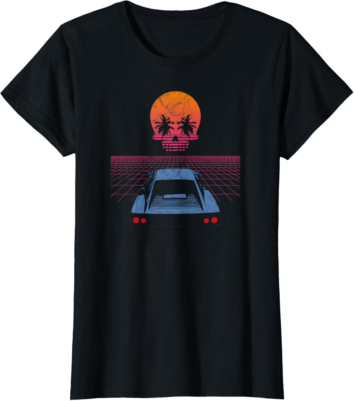 Synthwave Retrowave Aesthetic Vintage Drive Sunset 80s Skull T-Shirt - Black