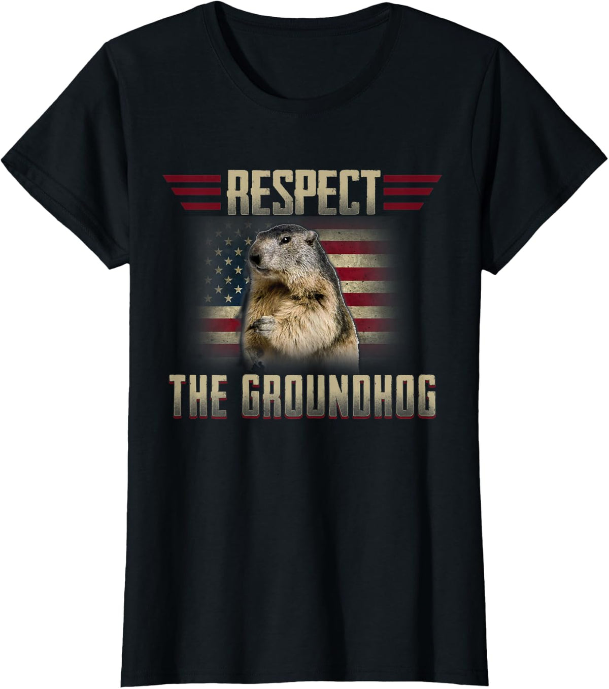 Respect The Groundhog American Flag Woodchuck Gift T-Shirt - Black