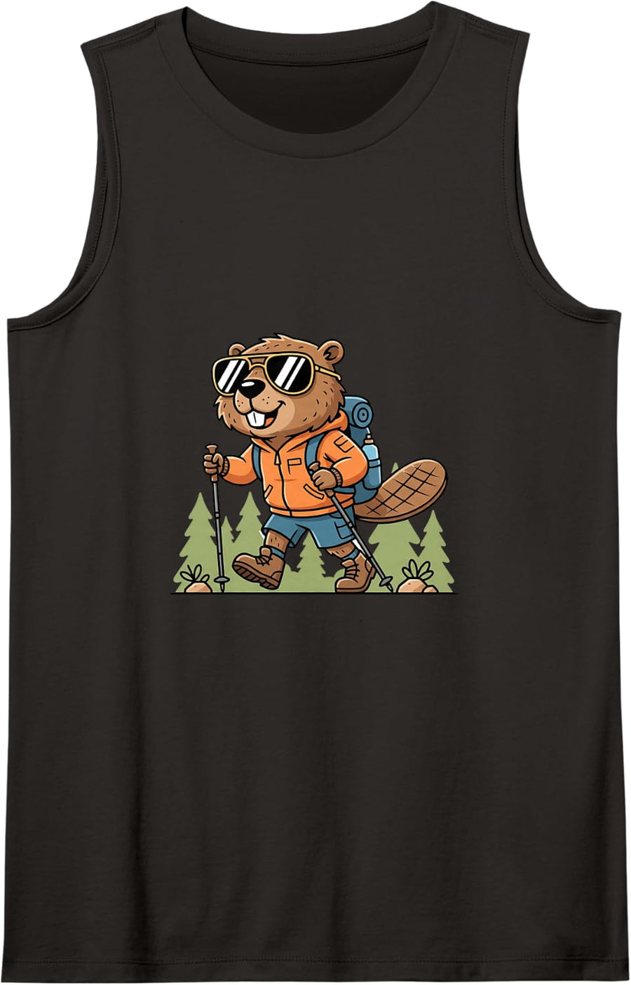 Funny Beaver Hiker Cute Cartoon Camping Mountain Trail Sleeveless Tank Top - Black