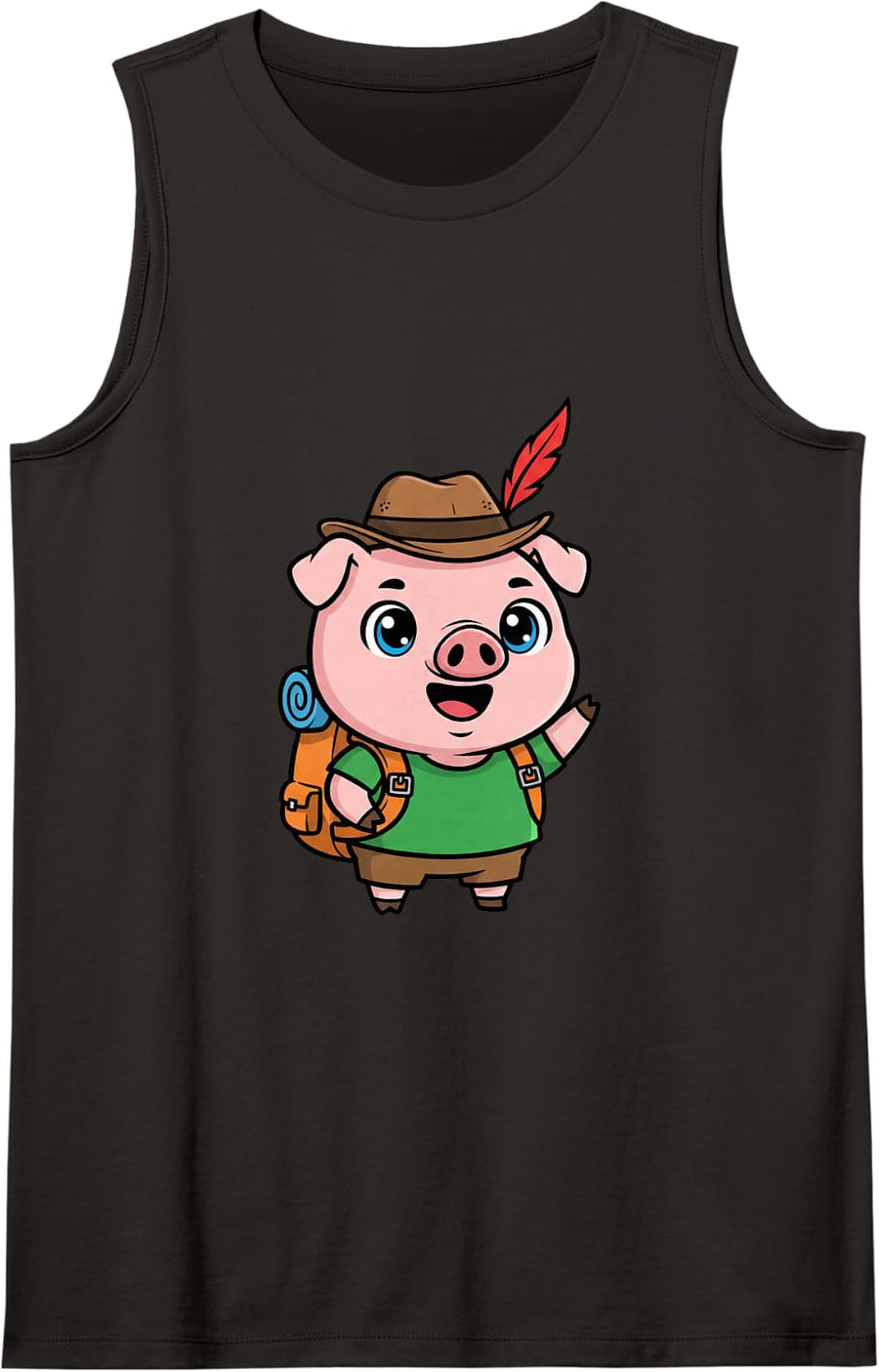 Pig Hiking Mascot Cute Outdoor Camping Nature Fan Sleeveless Tank Top - Black