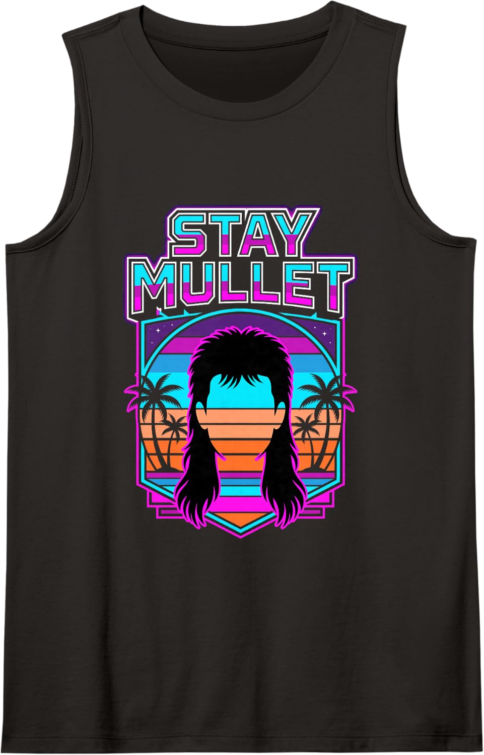Stay Mullet Retro Synthwave Sleeveless Tank Top - Black